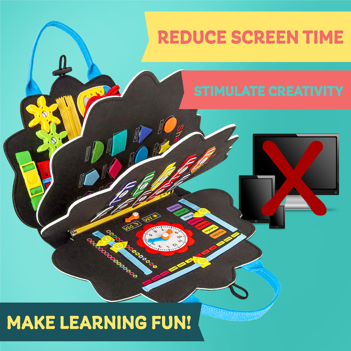 A colorful sensory and learning activity book with black cloud-shaped pages, blue handles, and multiple bright activity panels, shown on a turquoise background with promotional text and a crossed-out monitor graphic.