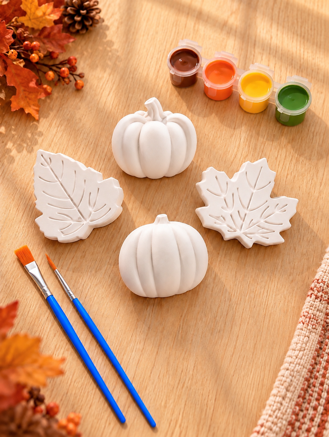 Fall Pumpkin & Leaf Painting Kit for Kids, Paint Your Own Plaster Craft, Thanksgiving Activity, Autumn Party Favor, Classroom Art Kit