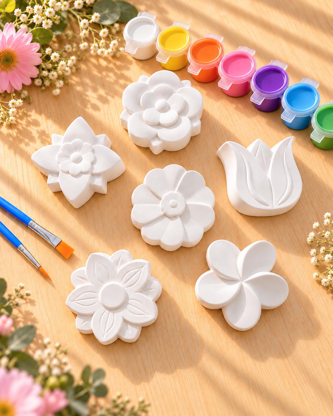 Paint Your Own Flower Plaster Kit for Kids, 6 Flower Figures, Girls Craft Kit, Birthday Party Activity, Christmas Gift, Stocking Stuffer