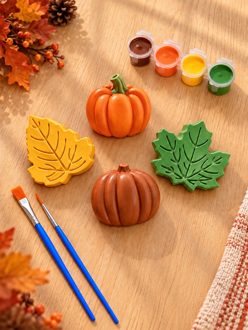 Fall Pumpkin & Leaf Painting Kit for Kids, Paint Your Own Plaster Craft, Thanksgiving Activity, Autumn Party Favor, Classroom Art Kit