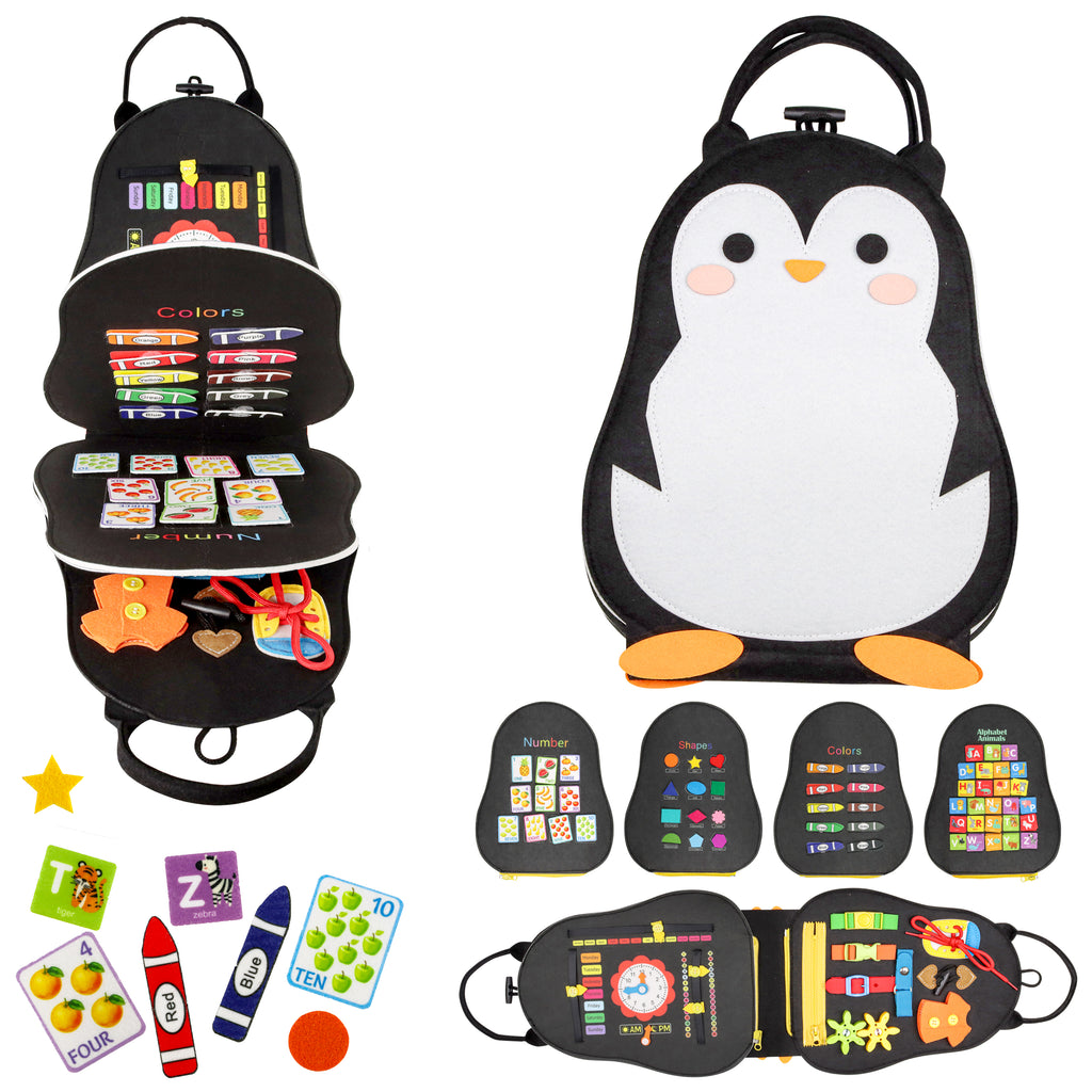 Penguin - Toddler Montessori Busy Board Book – 6-in-1 Sensory & Fine Motor Activity Book